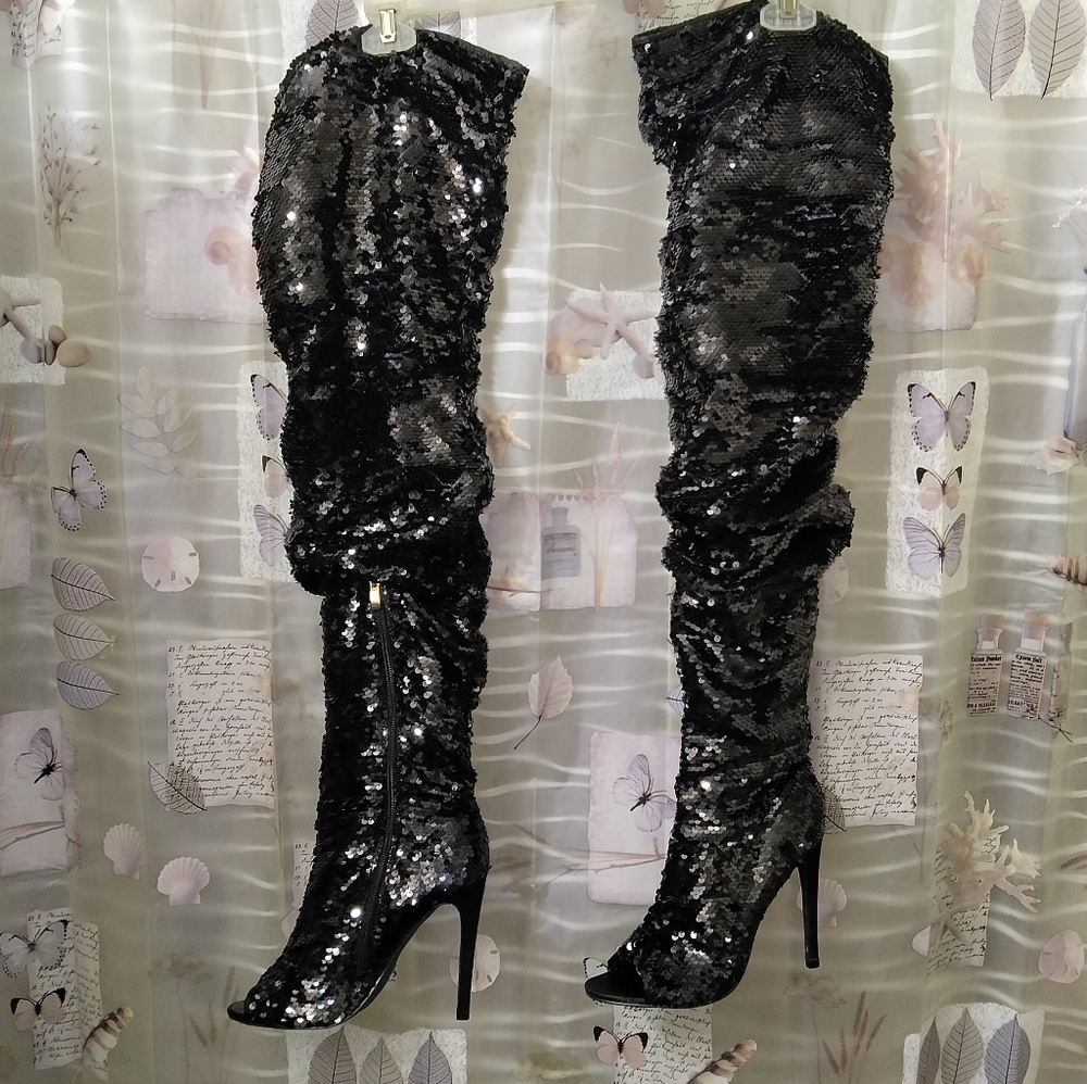 CAMSSOO Thigh High Sequins Over The Knee Open Toe Stiletto Boots - Picture 2 of 15